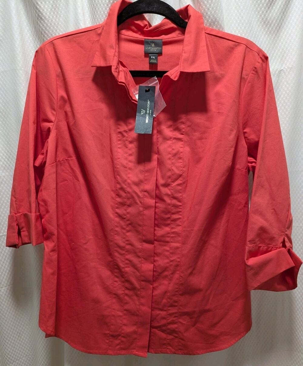 Worthington Red Solid Collared Button-Up 3/4 Sleeve Woven Cotton Shirt Petite XL